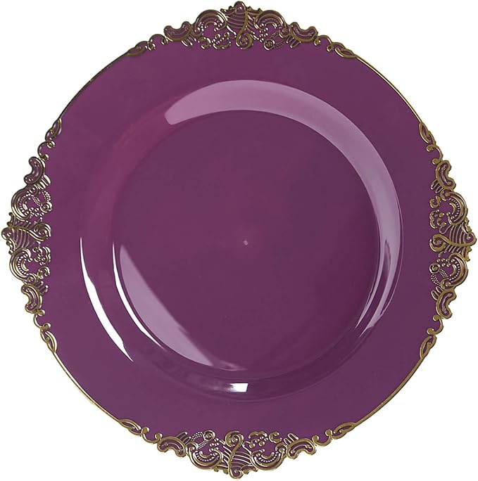 Efavormart 10 Pack | 10" Purple and Gold Baroque Dinner Plates, Leaf Embossed Metallic Rim Heavy Duty Serving Plates for Vibrant Royal Celebrations