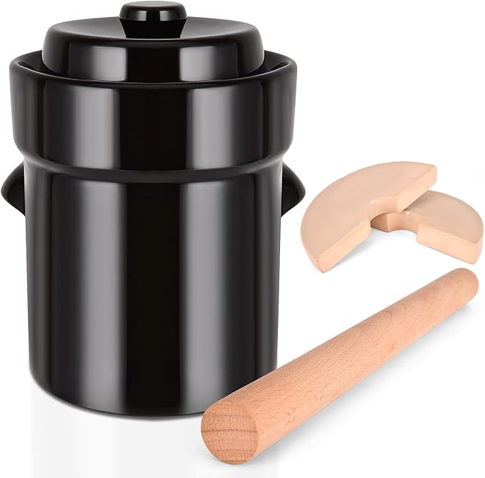 Fermentation Crock 2 Liter / 0.5 Gallon, Sauerkraut Crock with Lid, Weights & Pounder - Ceramic Fermenting Crock Kit for Pickling Cabbage Kimchi Pickle Vegetables- Sauerkraut Fermentation Crock.