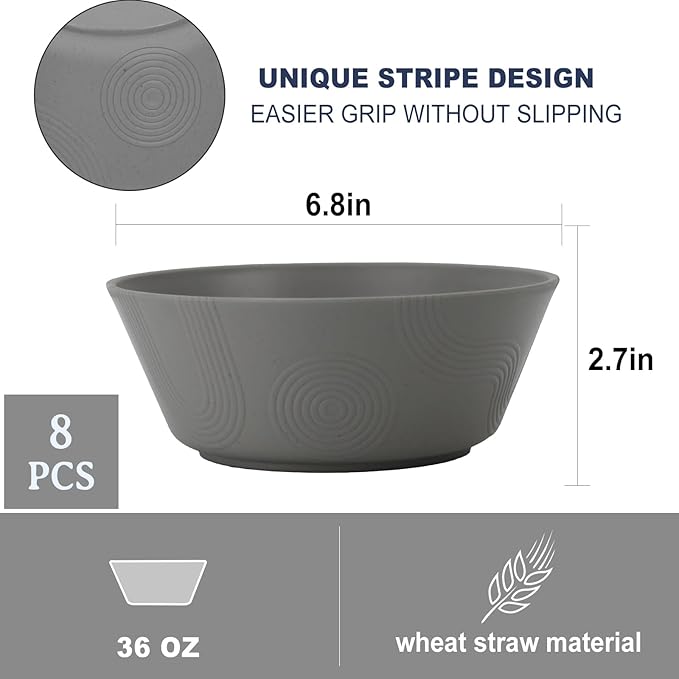 PYRMONT Large Salad Bowl 36 OZ Wheat Straw Bowls Set of 8 Alternative Plastic Bowls Dishwasher & Microwave Safe Large Serving Bowl for Party Unbreakable Soup Bowls for Camping Kitchen Bowls-Grey Stone