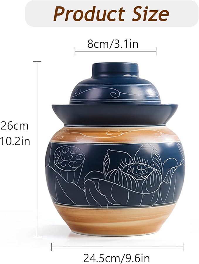 Traditional Chinese Porcelain Pickle Jar, Ceramic Fermenting Jar with Water Seal Airlock Lid, Turnip Kimchi Sauerkraut Fermentation Crock Pickling Pot(5kg, Blueb)