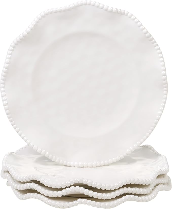Perlette Off-White Melamine Dinner Plates – Set of 4, 11" Elegant Beaded Design, Unbreakable & Heavyweight – Indoor & Outdoor Use, Perfect for Dining, BBQs, Picnics, Weddings & Everyday Meals