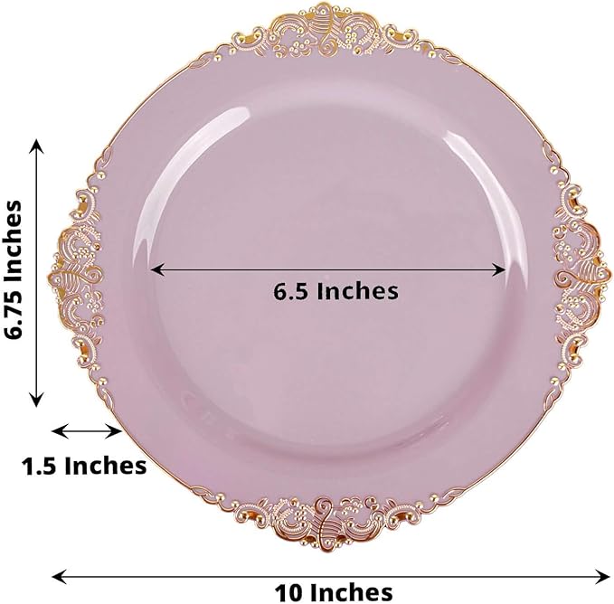 Efavormart 10 Pack | 10" Lavender and Gold Baroque Dinner Plates, Leaf Embossed Metallic Rim Heavy Duty Serving Plates for Whimsical Weddings