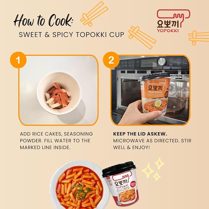 Yopokki Instant Tteokbokki Rice Cakes Korean, Sweet & Spicy Topokki Cup - Great with Cheese and Ramen Toppings, Korean Snacks for College Dorm, Korean Street Food Quick & Easy to Prepare, Pack of 2