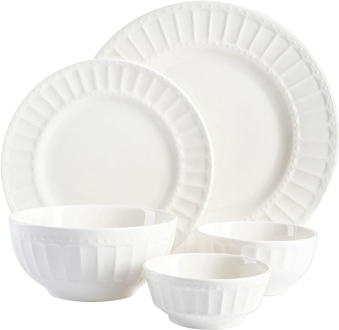 Gibson Home Zen Buffet Porcelain Ceramic Dinnerware Sets for 8, Plates and Bowls Set (40pcs), White Embossed Dishes