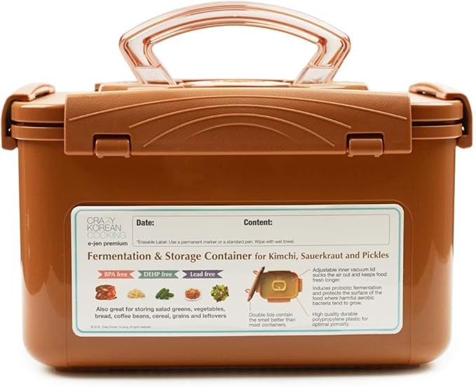Crazy Korean Cooking Premium Kimchi, Sauerkraut Fermentation and Storage Container with Inner Vacuum Lid, Sandy Brown (1.3 Gal (5.2L) 1 PACK)