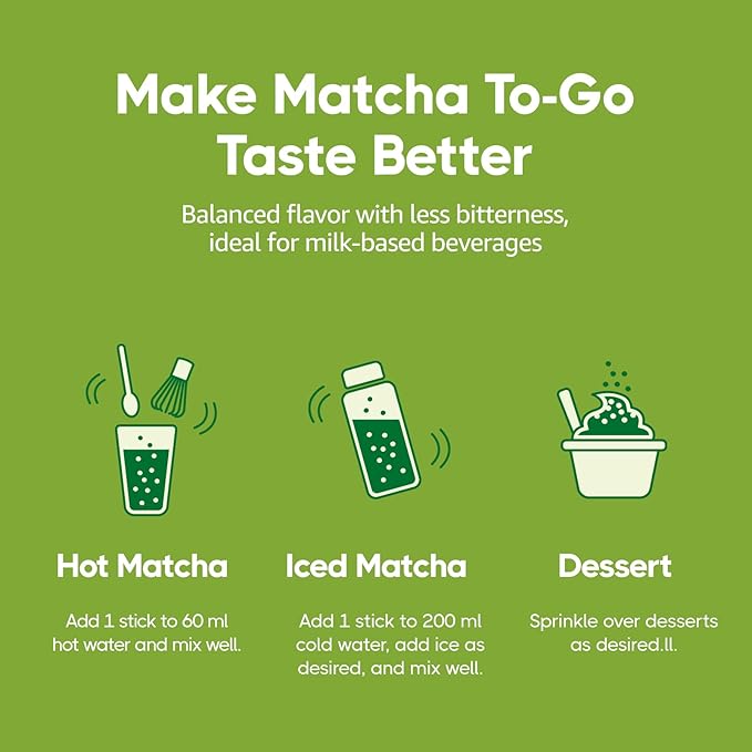 Ssanggye Matcha TO-GO | 2g x 10 Stick (total 0.7oz) | Ceremonial Grade Korean Matcha Powder from Jeju Island | Single Serve Sachets for On-The-Go | Green Tea Latte Cold Hot Daily Drink Individual Tea Packets