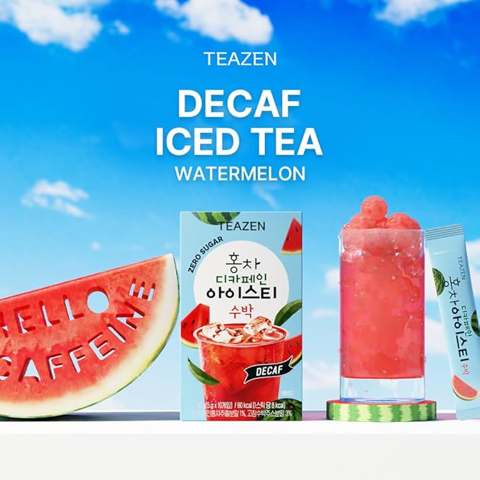 Teazen Summer Watermelon Iced Tea, Sugar Free, Uva Black Tea, Hydration Drink Mix, Decaf, 10 Sticks, 1.76oz