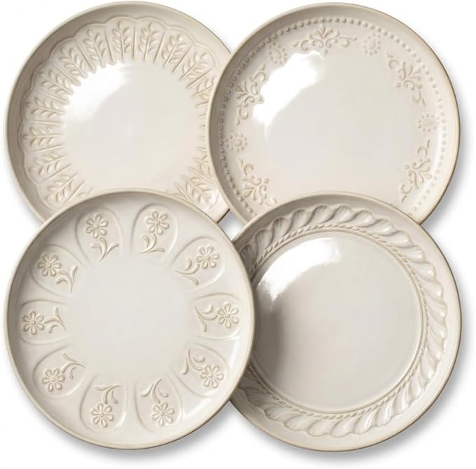 Artena Salad Plates Set Of 4, 8.5 Inch Embossed Small Ceramic Dinner Plates for Appetizer Dessert, Kitchen Plates With Lipped Edges, Microwave Oven Dishwasher Safe (Multiple Patterns)
