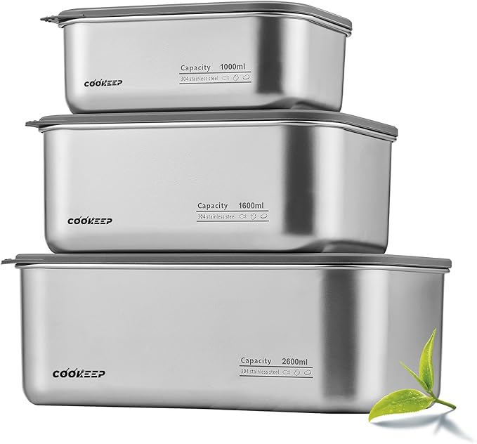 3Pcs Stainless Steel Food Containers,Stainless Steel Containers with Lids,Snack Containers,Lunch Box,Easy Clean,Airtight&Leakproof for Kitchen Storage,Dishwasher Safe,BPA-Free（34oz+54oz+88oz）