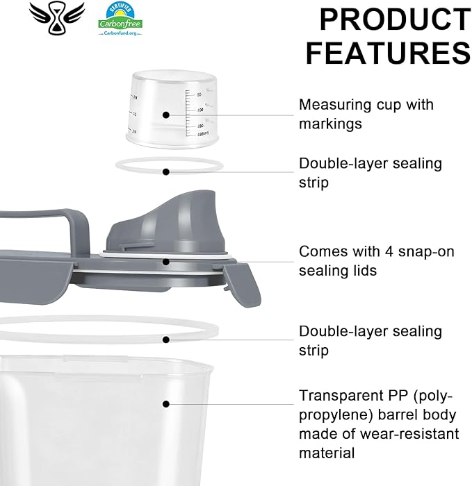 LEAWALK Airtight Rice Storage Container, 7-10Lbs Cereal Dry Food Flour Bin, Pet Dog Cat Food Dispenser with Measuring Cup, BPA Free Plastic Kitchen and Pantry Organization Bin for Sugar-Gray