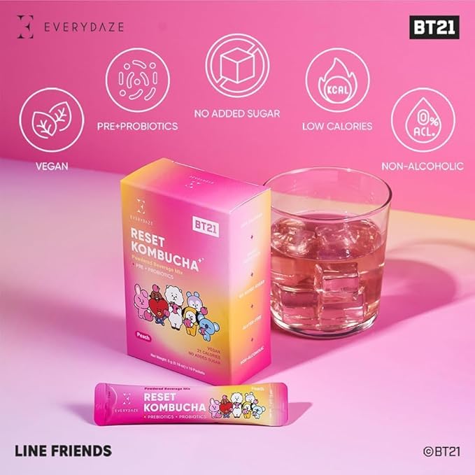 Everydaze BT21 Reset Kombucha Tea Powdered Beverage Mix | 10 Sticks | Prebiotics + Probiotics | Vegan | No Added Sugar, Gluten Free, Sparkling Powder Drink Pack (Peach)