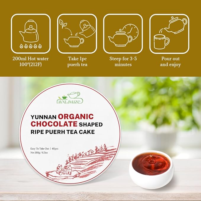 LWXLJMJZC－USDA certified Organic Chocolate Shaped Ripe Puerh Tea Cake -40pcs(180g/6.3oz) Cook Pu-erh Puer Black Pu'erh -Yunnan Chinese Pu er -Easy To Take Out