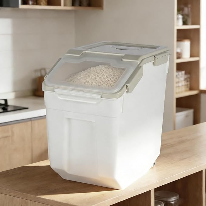 Rice Storage Container 50 lbs Large Household Flour Sugar Containers Airtight Grain Cereal Dispenser with Wheels, Locking Lid & Measuring Cup for Kitchen Pantry Organization, 2 Pack(Grey)