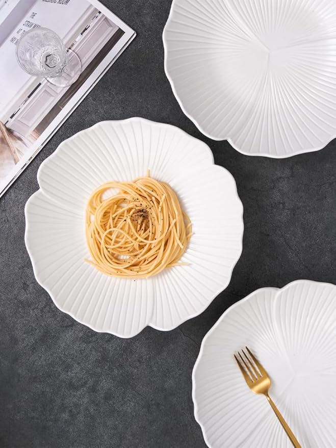 CLAY TONIC Set of 3-10 Inch Japanese Style Flower Petal Shaped Porcelain Round Dinner Plates, Versatile Circular Serving Plates for Pasta, Salad, Steak Dinner (White, 10 Inches)