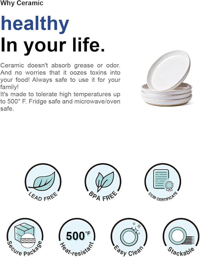 LE TAUCI 8 Inch Ceramic Salad Plates Set of 4, Modern White Appetizer Plates for Kitchen, Small Dessert Plates, Microwave & Dishwasher Safe Dinnerware Sets, Scratch Resistant - Arctic White