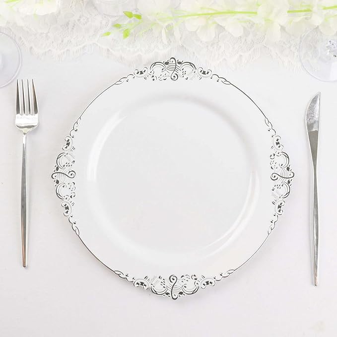 Efavormart 10 Pack | 10" White and Silver Baroque Dinner Plates, Leaf Embossed Metallic Rim Heavy Duty Serving Plates for Military Galas and Formal Events