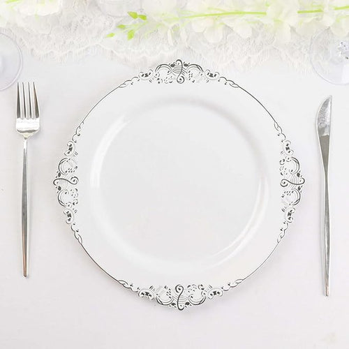 Efavormart 10 Pack | 10" White and Silver Baroque Dinner Plates, Leaf Embossed Metallic Rim Heavy Duty Serving Plates for Military Galas and Formal Events