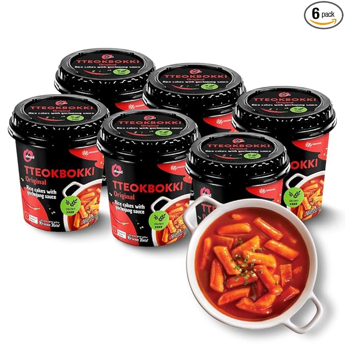Spicy Cup Tteokbokki Instant Rice Cakes Korean – [Original (Gochujang) | Pack of 6] – Ready in 3 Minutes | Gluten-Free, Chewy, Quick & Easy Meal | Street Food Snack | 0 Cholesterol/ 0 Trans Fat - O’food