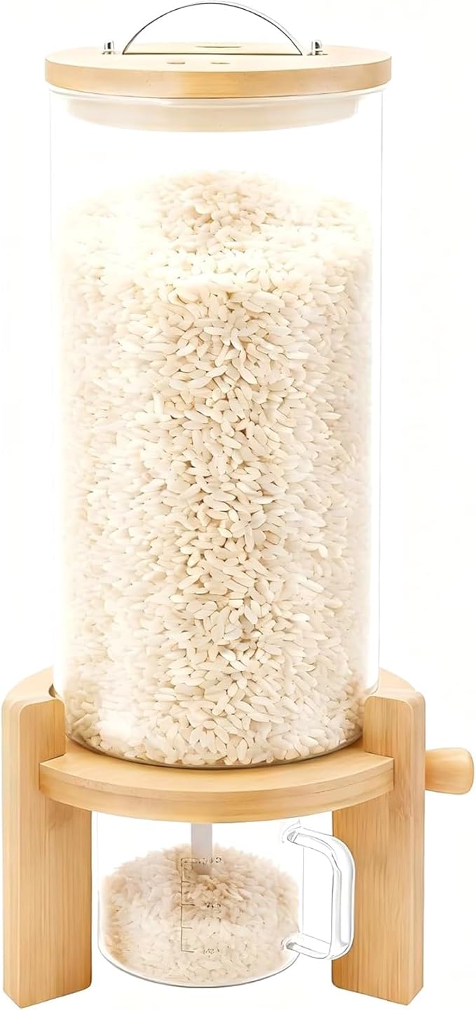 7.5L Glass Rice Dispenser, Cereal Container with Bamboo Stand, Large Airtight Food Storage Bin, Rice Organization Tank with Measuring Cup for Grain Coffee Beans Dry Food