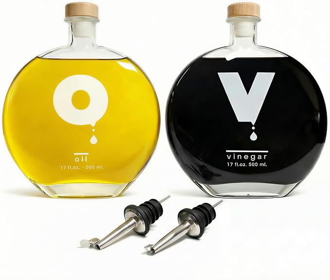 Elegant Oil and Vinegar Dispenser Set – Glass Bottles 17oz/500ml with Corks, Pouring Spouts & Funnel | Modern Olive Oil Dispenser & Vinegar Cruet for Kitchen Decor | Set of 2