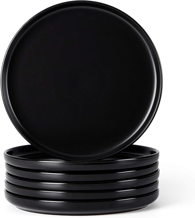 Herogo 6-Piece Stoneware Dinner Plates Set, 10.43" Ceramic Round Plate Set, Handmade Double Reactive Glaze Dinnerware Plates for Kitchen, Microwave, Oven and Dishwasher Safe, Matte Black