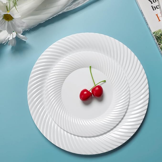 FOCUSLINE 7 Inch White Plastic Plates, 100 Count Disposable Heavy Duty Salad Dessert Plates, Premium Hard Plastic for Weddings, Parties and Events