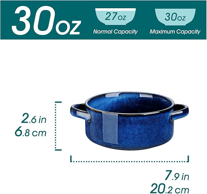 vancasso Starry Soup Bowls with Handles, 30 Oz French Onion Soup Bowls, Oven safe soup bowls for Cereal, Pasta, Chilli, Stew, Large Soup Crocks Set of 4, Blue