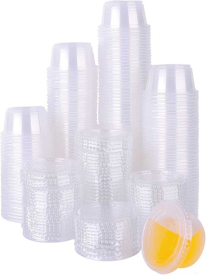 TashiBox 200 Pack of 2-Ounce Disposable Plastic Jello Shot Cups with Lids, Souffle Portion Container, 2 oz-200 Sets, Clear