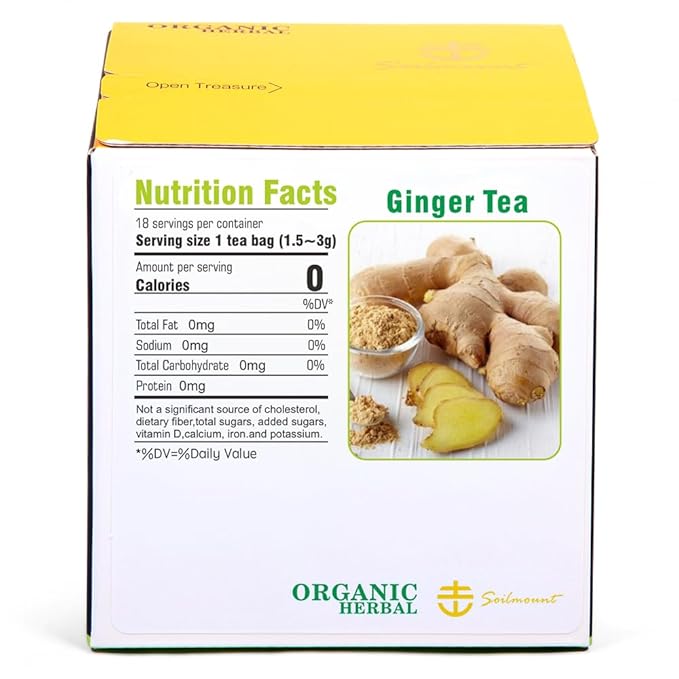 Soilmount - Ginger Tea - |Ginger Root|姜|jiang| - Pure Herbal Tea - Natural, Organic, Non-GMO, Clean Ingredients, Caffeine Free (18 Tea Bags, Box 1)