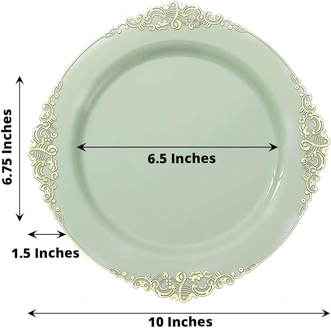 Efavormart 10 Pack | 10" Sage Green and Gold Baroque Dinner Plates, Leaf Embossed Metallic Rim Heavy Duty Serving Plates for Spring Receptions