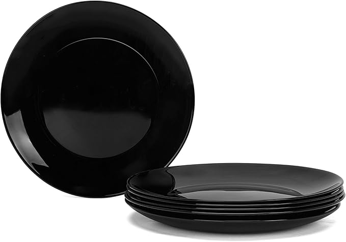 LaGlint 8.5 inch Salad Plate Set of 6, Lightweight Opal Glass Round Black Plates for Appetizer Dessert Kitchen, Dishwasher and Microwave Safe