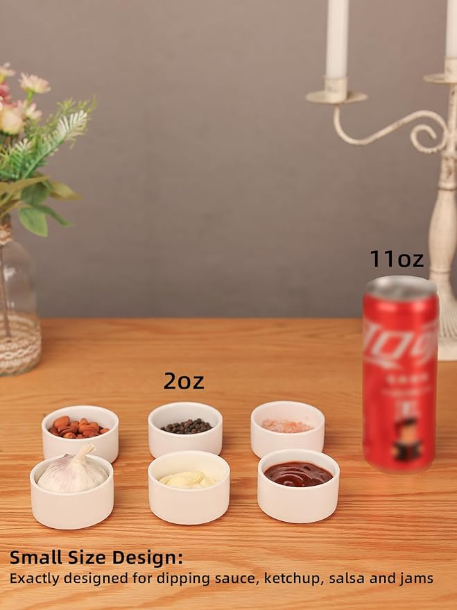 2 oz Mini Porcelain Ramekins Set of 6, Small Ceramics Souffle Dish, Exactly Designed for Dipping Sauce, Ketchup, Salsa and Jams, 60ml White