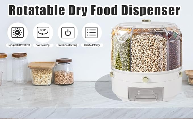 Grain and Rice Dispenser with 6 Compartments, Rotating Grain Storage Bin 6 Grids Rice Container, Kitchen Dry Food Storage Container or Pet Food Sealed Organizer