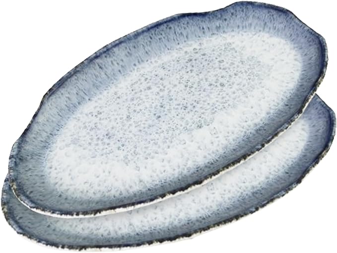roro Rustic Handmade Ceramic Stoneware Oval Plates, Reactive Blue, Set of 2 – Textured Finish Artisan Serving Plates