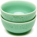 4.5" Green Porcelain Bowls Set of 2,Genuine Longquan Celadon 9.8 Oz Rice Bowls -Classic Cyan
