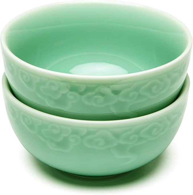 4.5" Green Porcelain Bowls Set of 2,Genuine Longquan Celadon 9.8 Oz Rice Bowls -Classic Cyan