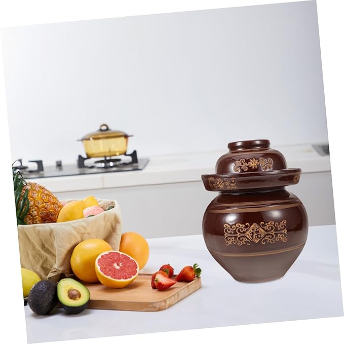 HEMOTON Glass Pitcher Pottery Fermenting Jar Chinese Pickle Jar Fermenting Crock with Water Seal Airlock Lid Jar Crock for Pickling Kimchi Sauerkraut Vegetables Brewing Wine Glass Containers