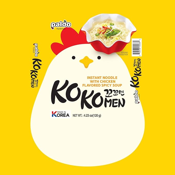 Paldo Fun & Yum Kokomen Ramen Hot Spicy Instant Noodles with Soup, Pack of 10, Chicken Based Broth, Best Oriental Style Korean Ramyun, K-Food, 꼬꼬면 120g x 10