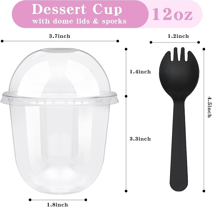 Kosotody 50 Pack 12oz Clear Plastic Parfait Cups with Dome Lids (No Hole) and Sporks Disposable Fruit Cups for Dessert,Yogurt,Pudding,Snacks,Fruits,Bakeries,Ice Cream