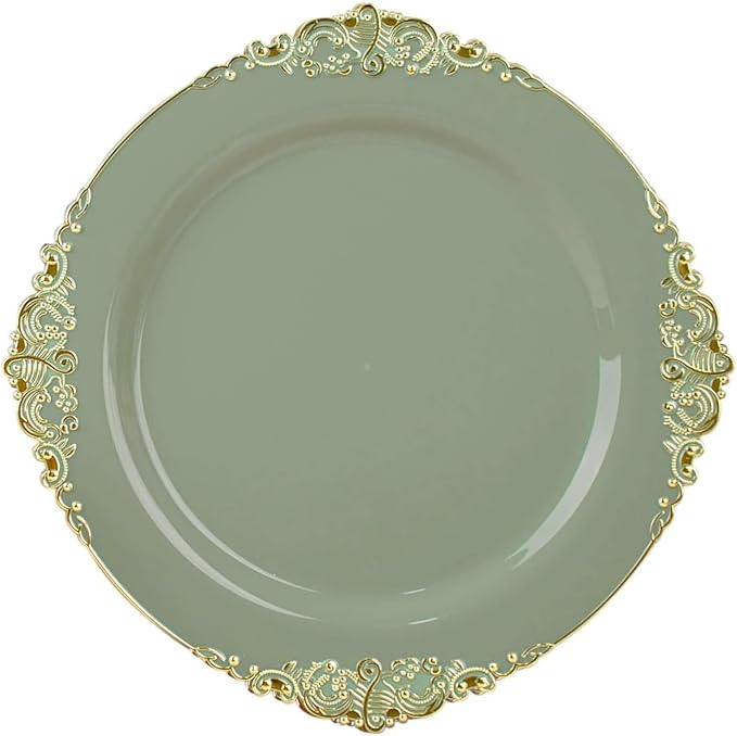Efavormart 10 Pack | 8" Dusty Sage and Gold Baroque Dessert Plates, Leaf Embossed Metallic Rim Heavy Duty Appetizer Plates for Botanical Parties