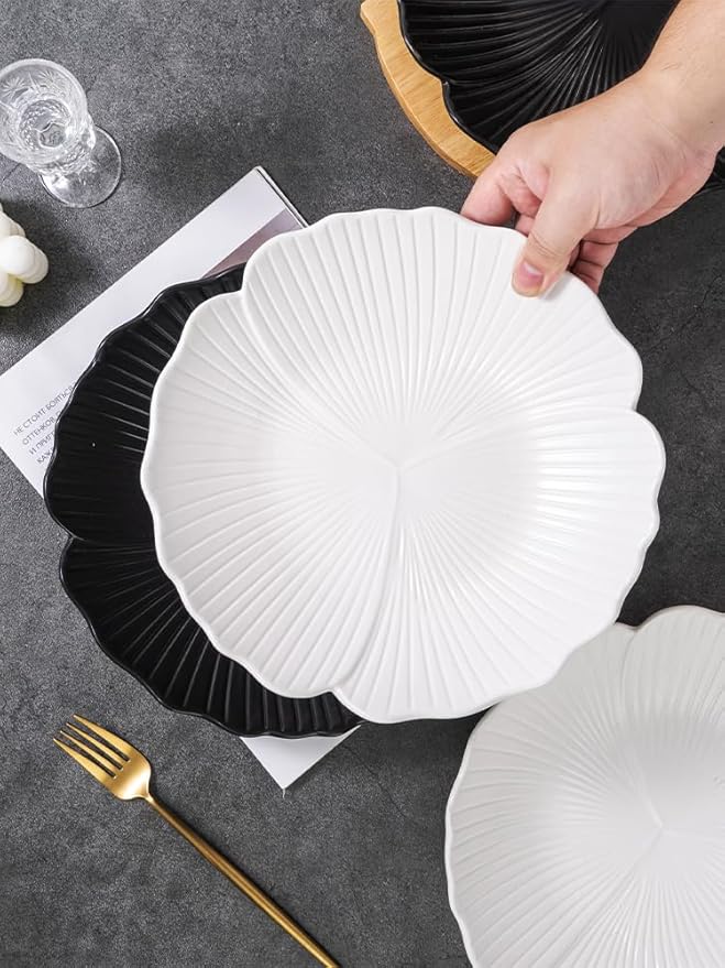 CLAY TONIC Set of 3-10 Inch Japanese Style Flower Petal Shaped Porcelain Round Dinner Plates, Versatile Circular Serving Plates for Pasta, Salad, Steak Dinner (White, 10 Inches)