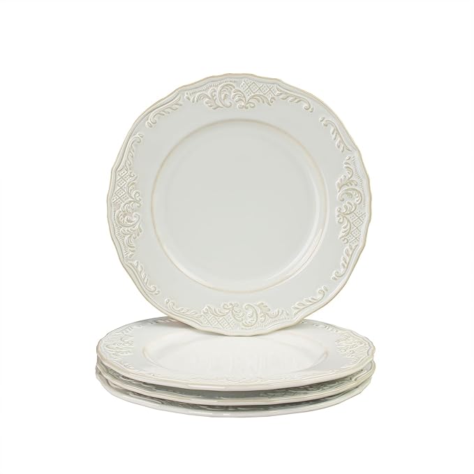 Ceramic dinner plate set (4 pieces), ceramic dinner plates, embossed salad plates, Kitchen Porcelain Serving Dishes, microwave/oven/dishwasher safe, scratch-resistant.