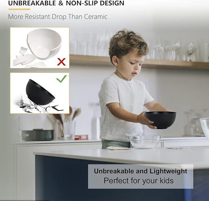 PYRMONT Unbreakable Cereal Bowl 26 OZ Wheat Straw Bowls Set of 8 Alternative Plastic Bowls Reusable Dishwasher & Microwave Safe Breakfast Bowls for Party Kitchen Bowls for Soup,Dinner-Black to Grey
