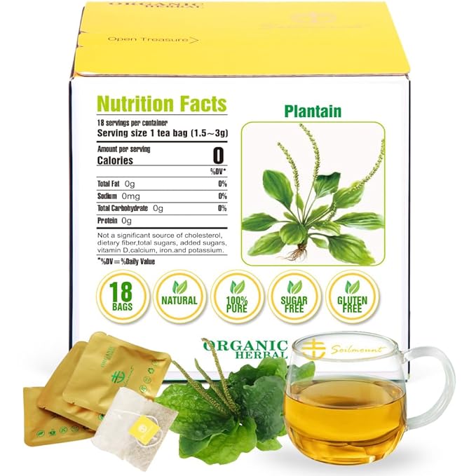 Soilmount - Plantain Leaf Tea - |Plantago Major|cheqiancao|车前草/질경이| - Pure Herbal Tea - Natural, Organic, Non-GMO, Clean Ingredients, Caffeine Free (18 Tea Bags, Box 1)