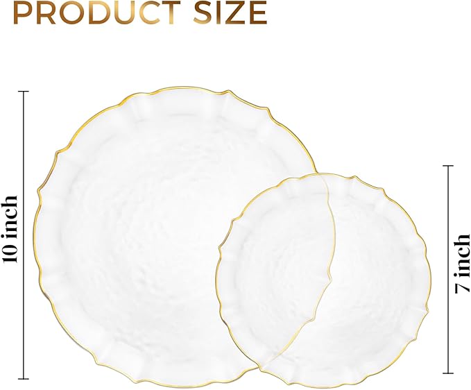 bUCLA 40PCS Clear and Gold Plastic Plates - Fancy Lace-Edge Clear Plates with Gold Trim Hammered Disposable - Include 20 Each(Dinner&Dessert) for Party & Wedding