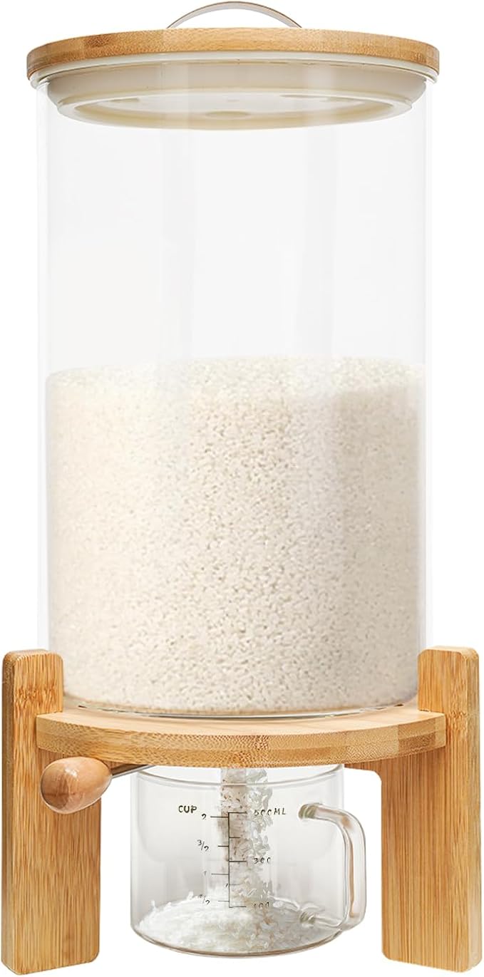 7.5L Glass Rice Dispenser with Wooden Stand, 1.98Gal Flour Storage Container, Grain Storage-Bucket Tabletop Cereal Containers w/Manual Venting Valve,Thermometer, Lid, Measuring Cup (7.5L, 1.98Gal)