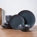 Famiware Venus Plates and Bowls Sets with Trim, 12 Pieces Speckled Stoneware Dishes Dinnerware Set for 4, Matte Charcoal - Microwave & Dishwasher Safe, Modern Minimalist, Everyday & Formal Dining