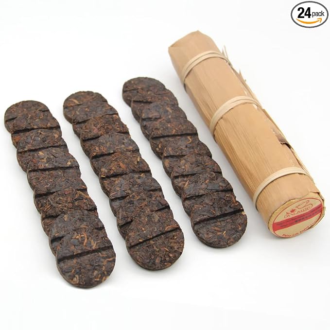 LWXLJMJZC－(24 Cakes-96 Cups) Pu-erh Tea in Bamboo Leaf Tube -Ripe Puerh Tea Cake -Easily Divided into Halves or Quarters-Shu Puer Tea-Ripe Puerh Tea Mini Cakes (200g/7.1 oz)
