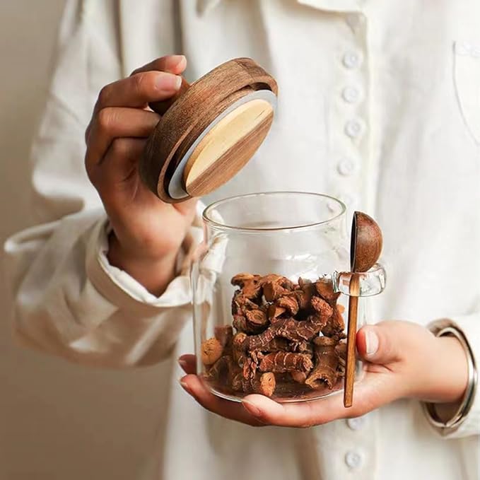 Glass Jars with Wooden Lids and Spoons set of 3,Clear Glass Coffee Containers with Scoop Decorative Kitchen Food Storage Jars for Coffee Beans,Tea,Nut Candy,Sugar,Bath Salts(17OZ/22OZ/27OZ)