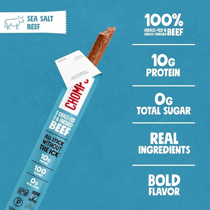Chomps Grass-Fed and Finished Sea Salt Beef Jerky Snack Sticks 10-Pack - Keto, Paleo, Whole30, 10g Lean Meat Protein, Gluten-Free, Zero Sugar Food, Non-GMO
